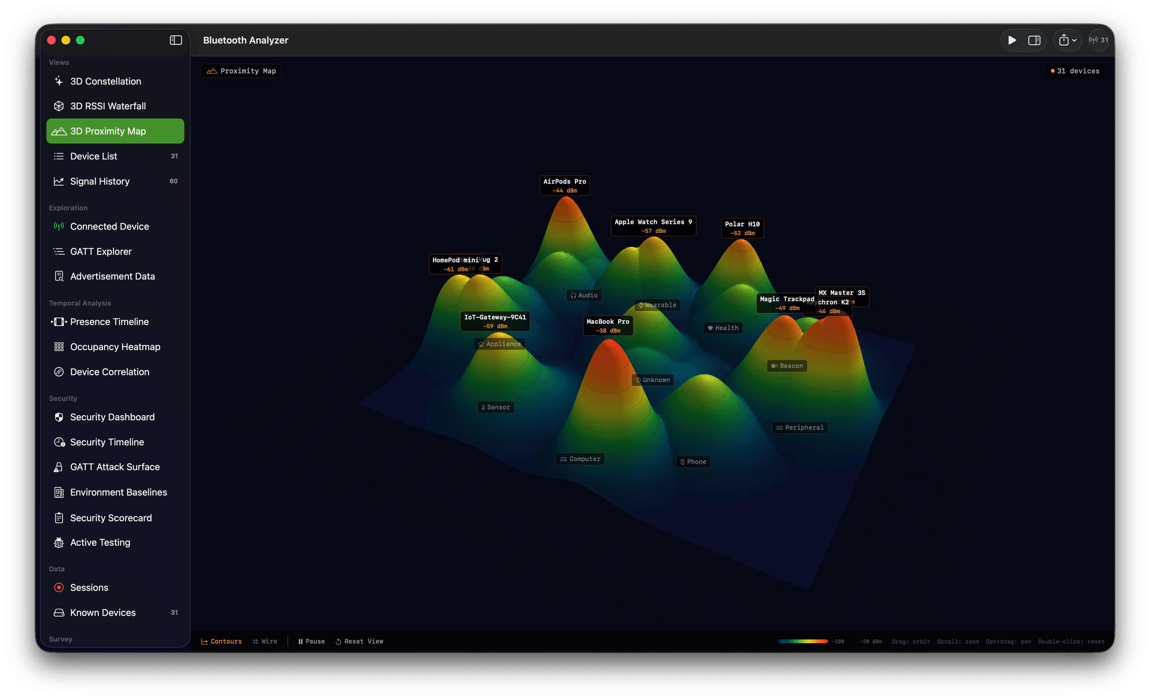 Three-dimensional proximity landscape with labeled Bluetooth devices positioned on colored peaks.