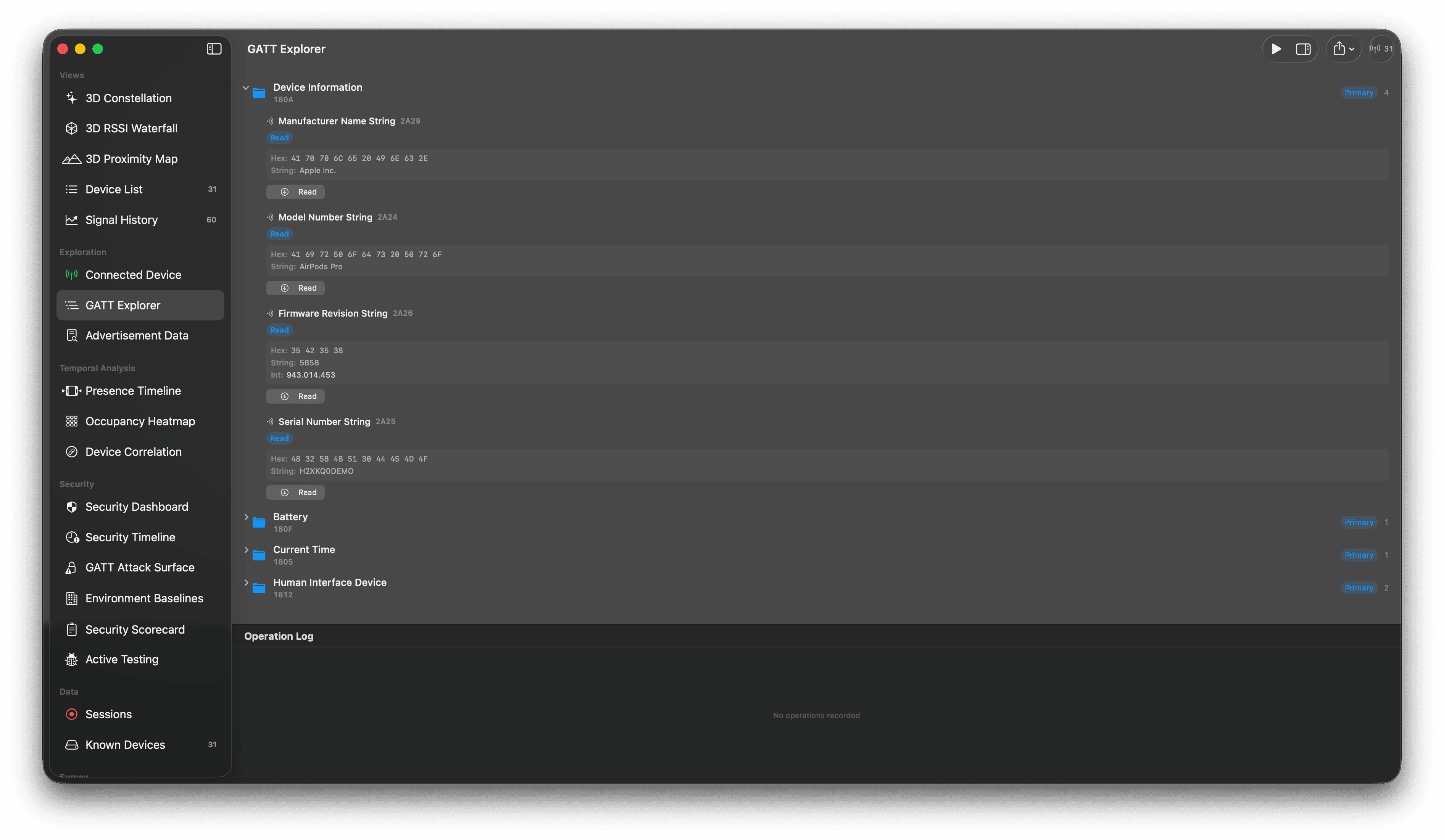 GATT explorer listing Bluetooth services and expandable characteristics for a selected device.