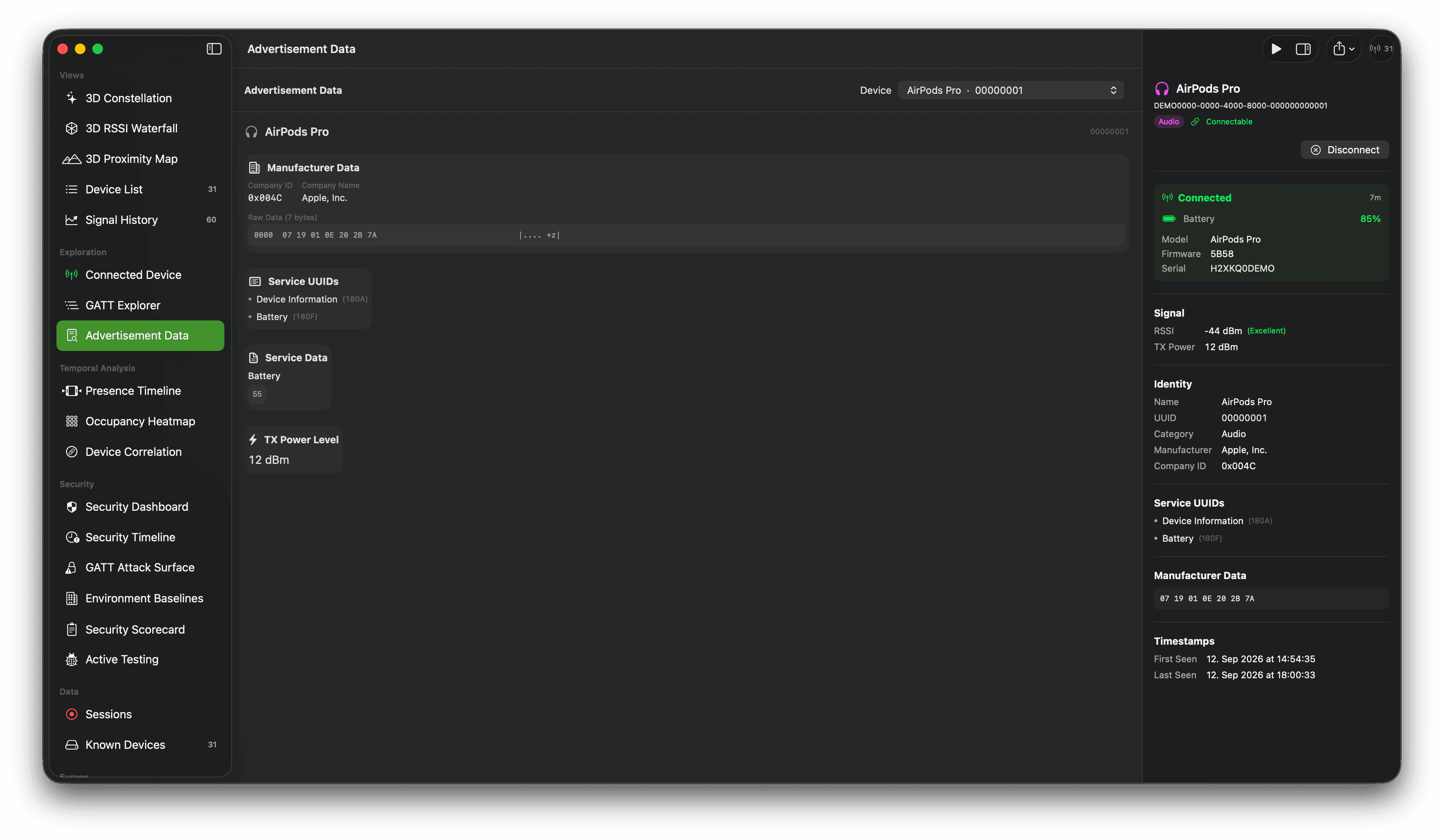 Bluetooth advertisement detail view with parsed fields, raw values, and a device summary panel.