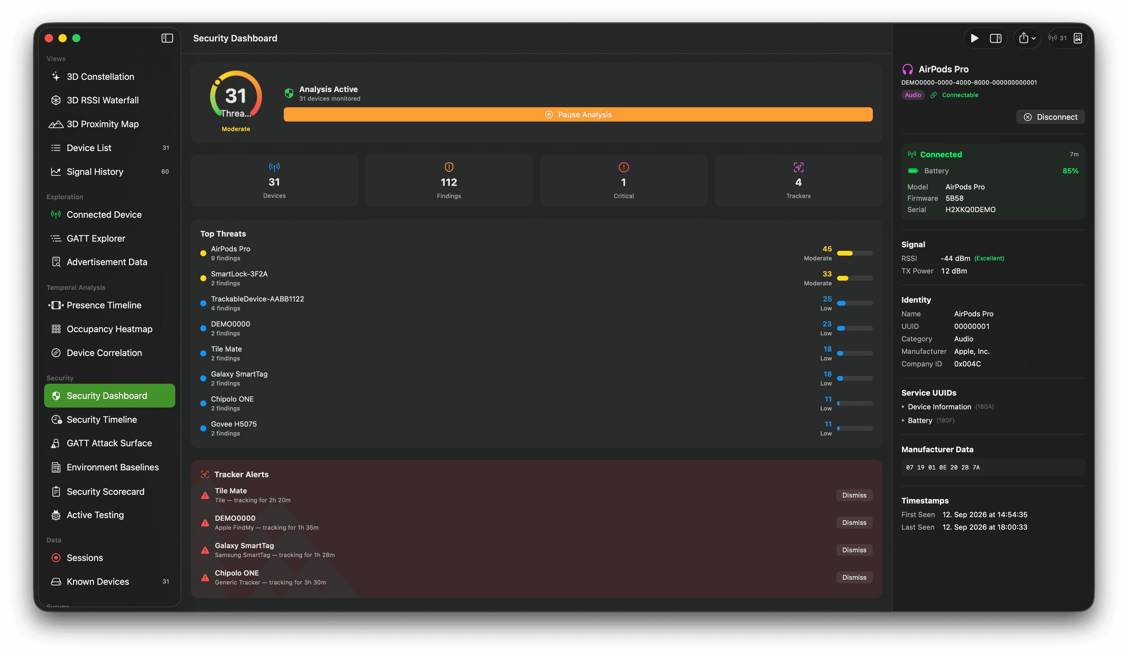 Bluetooth security dashboard with an overall score, issue counts, findings, and device risk list.