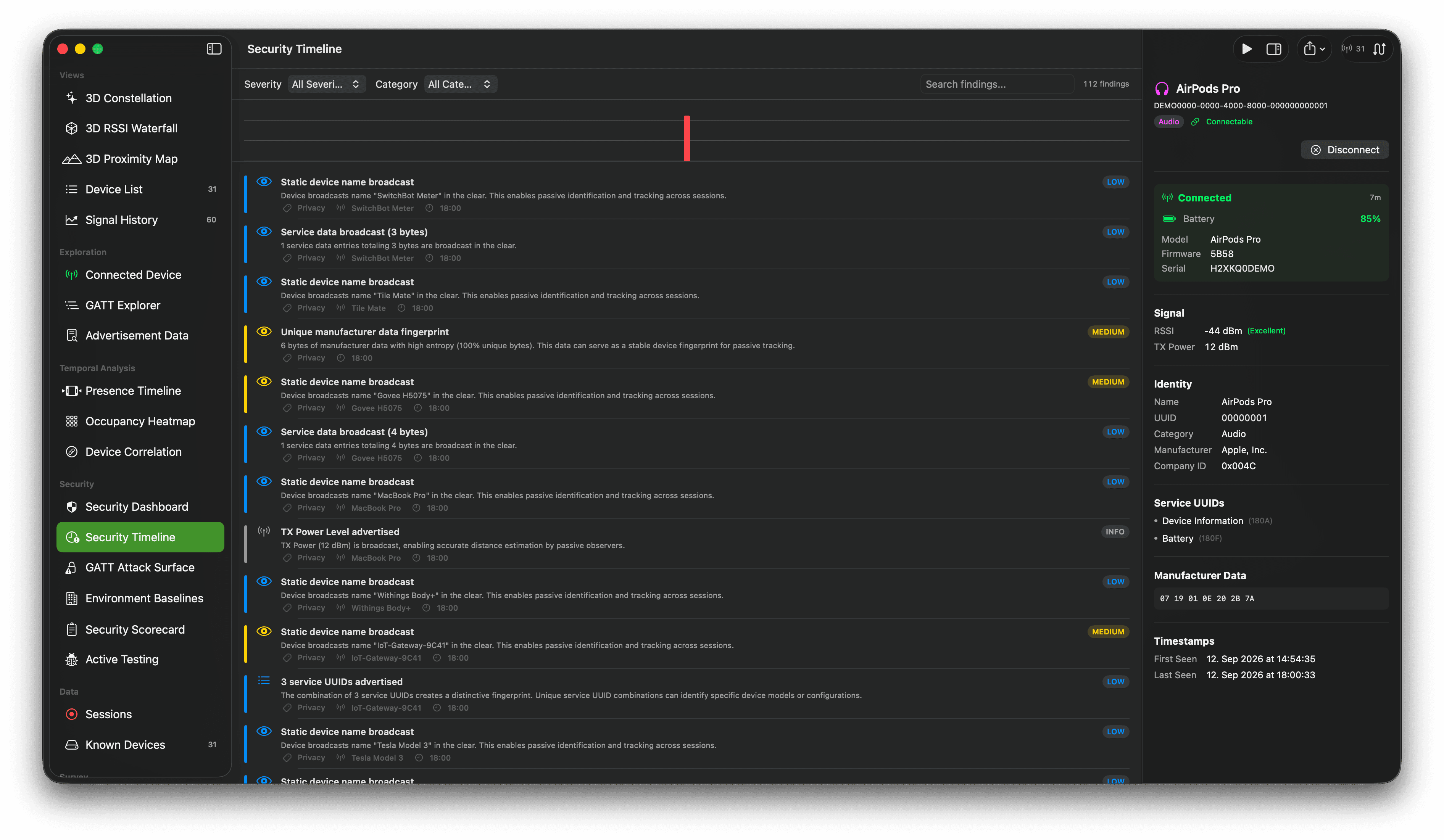 Chronological Bluetooth security timeline with severity markers, event summaries, and device context.