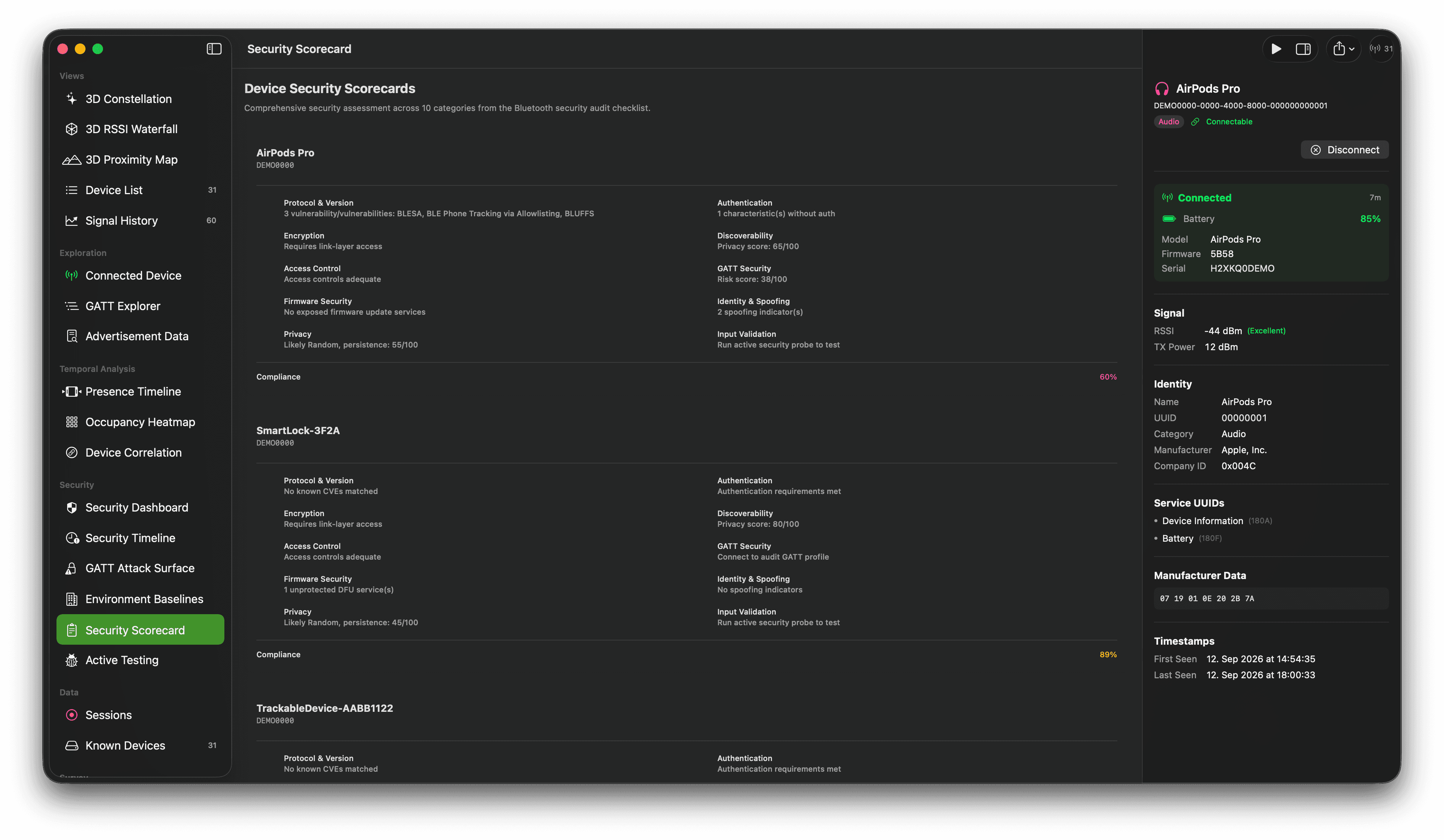 Bluetooth device security scorecard with assessment categories, findings, and remediation details.