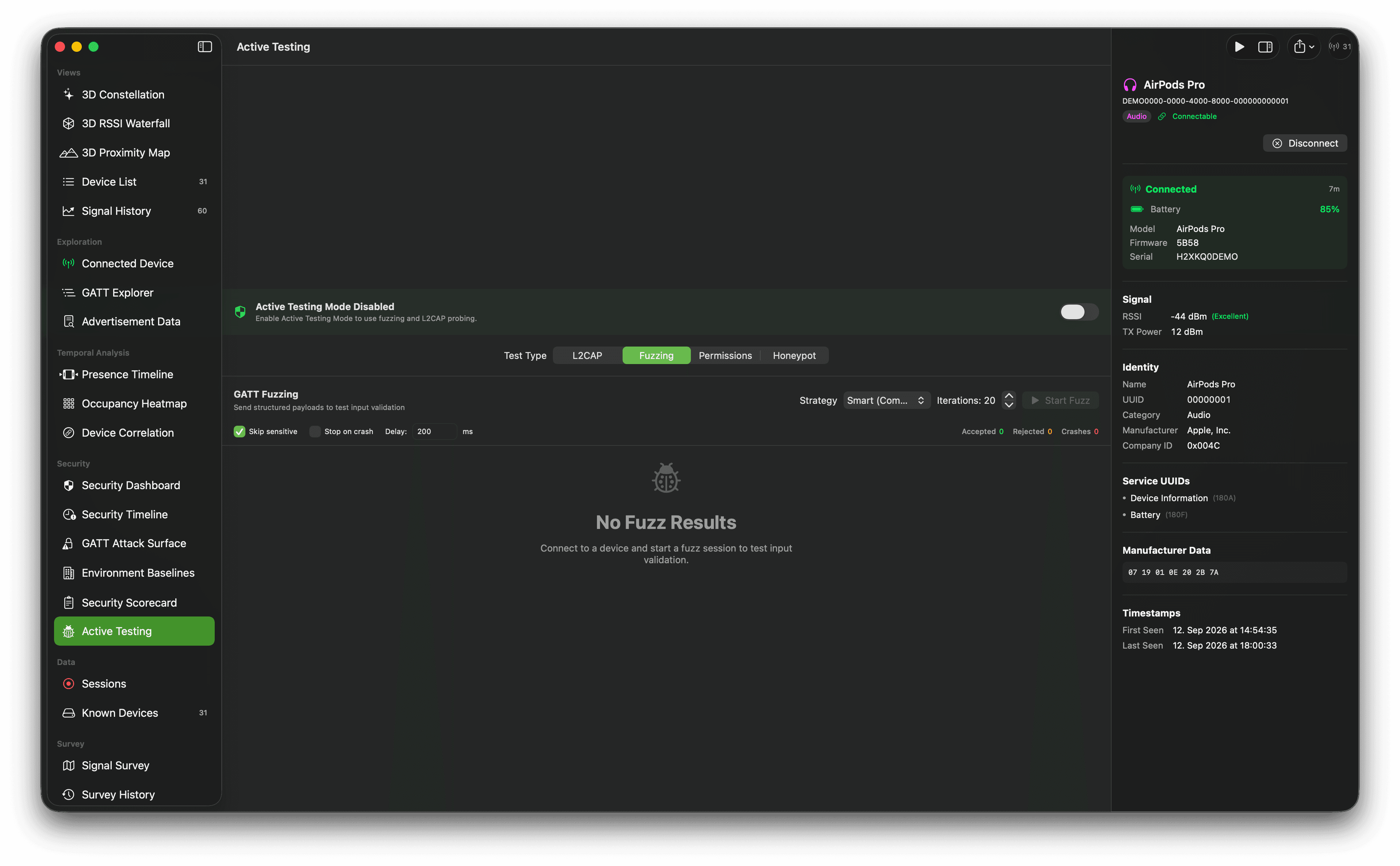 Bluetooth fuzz-testing workspace with target controls, test configuration, and an empty results panel.