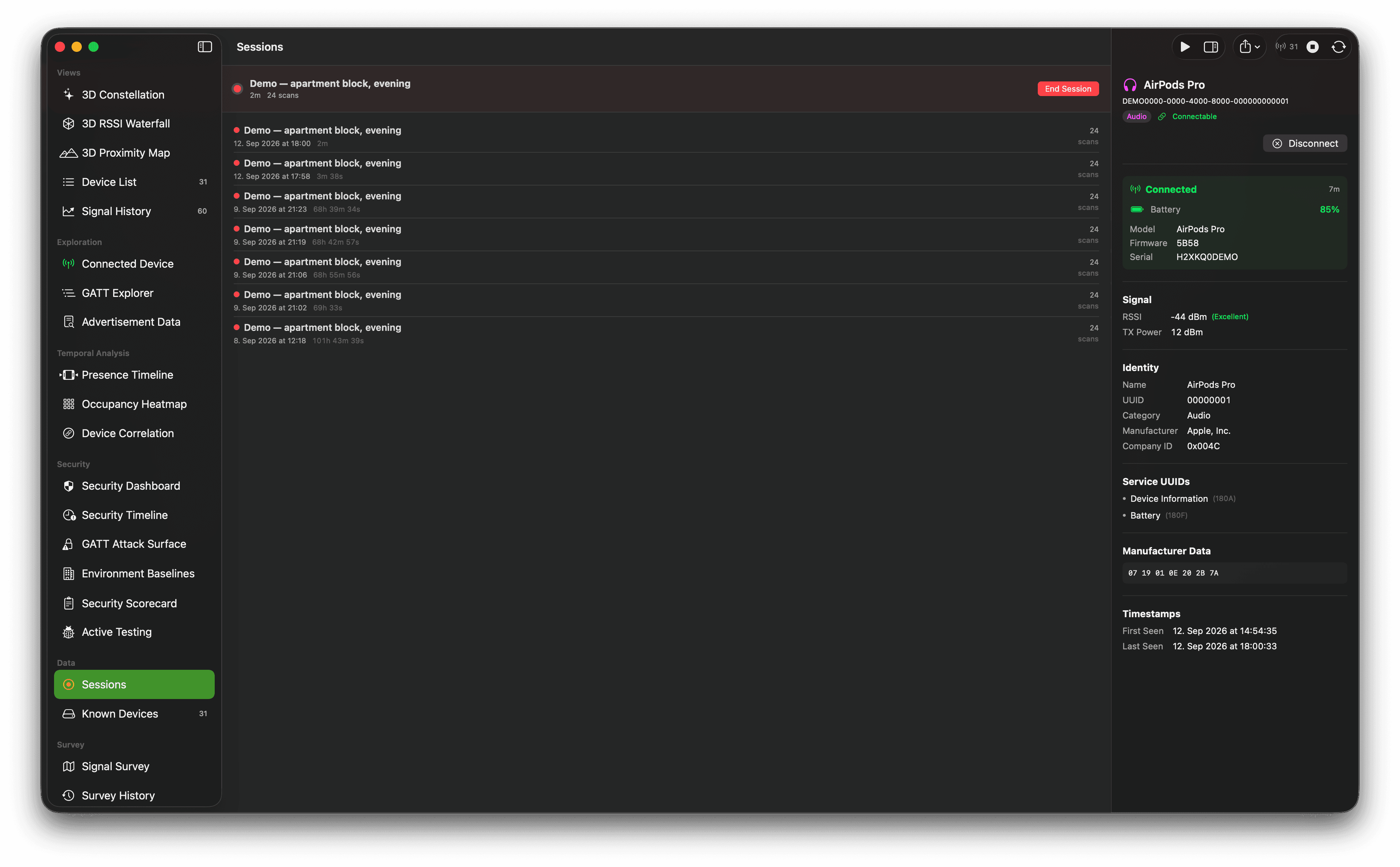 Bluetooth capture-session list with status badges, timestamps, devices, and session actions.