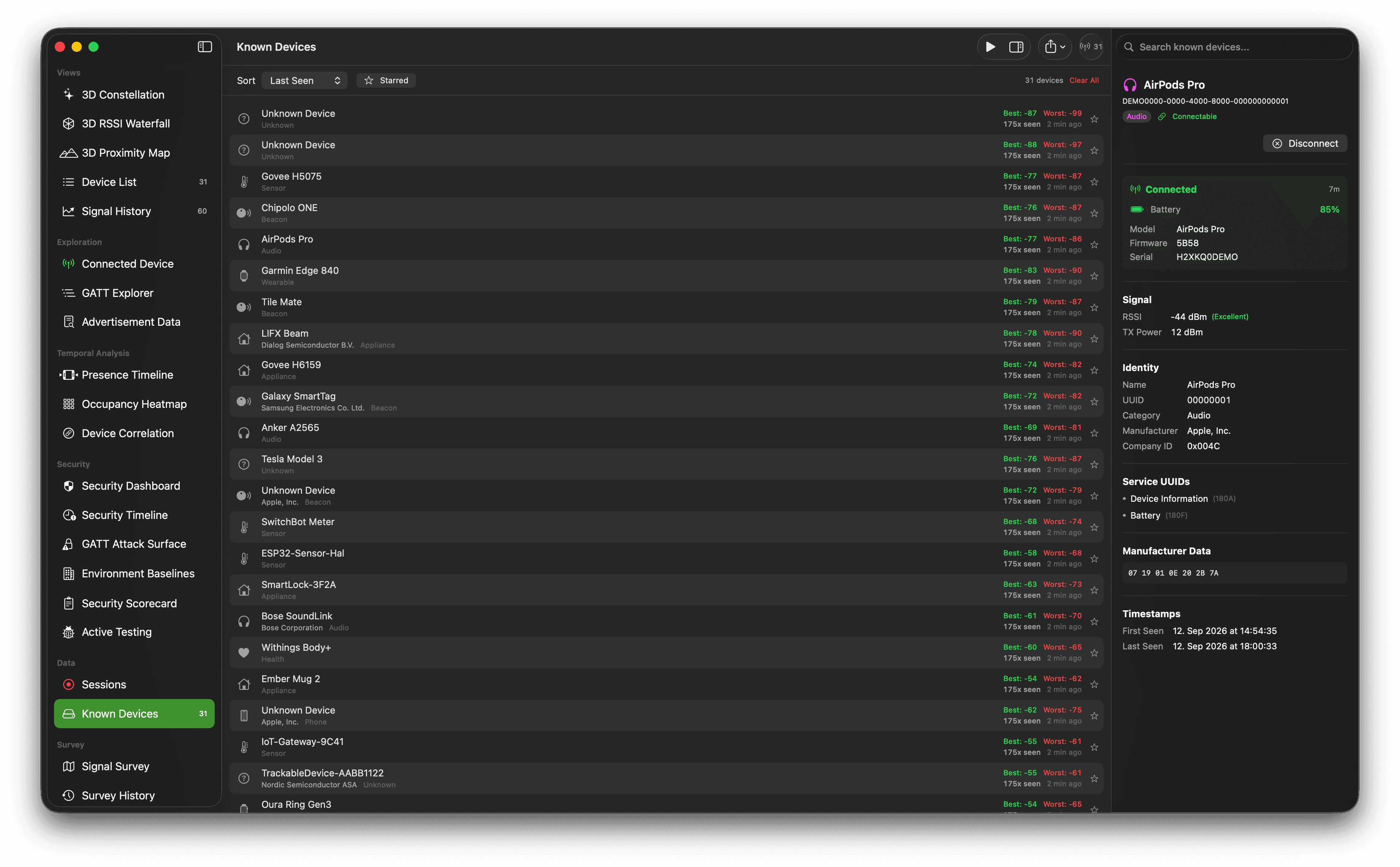 Known-device inventory with names, identifiers, trust indicators, and recent activity statuses.