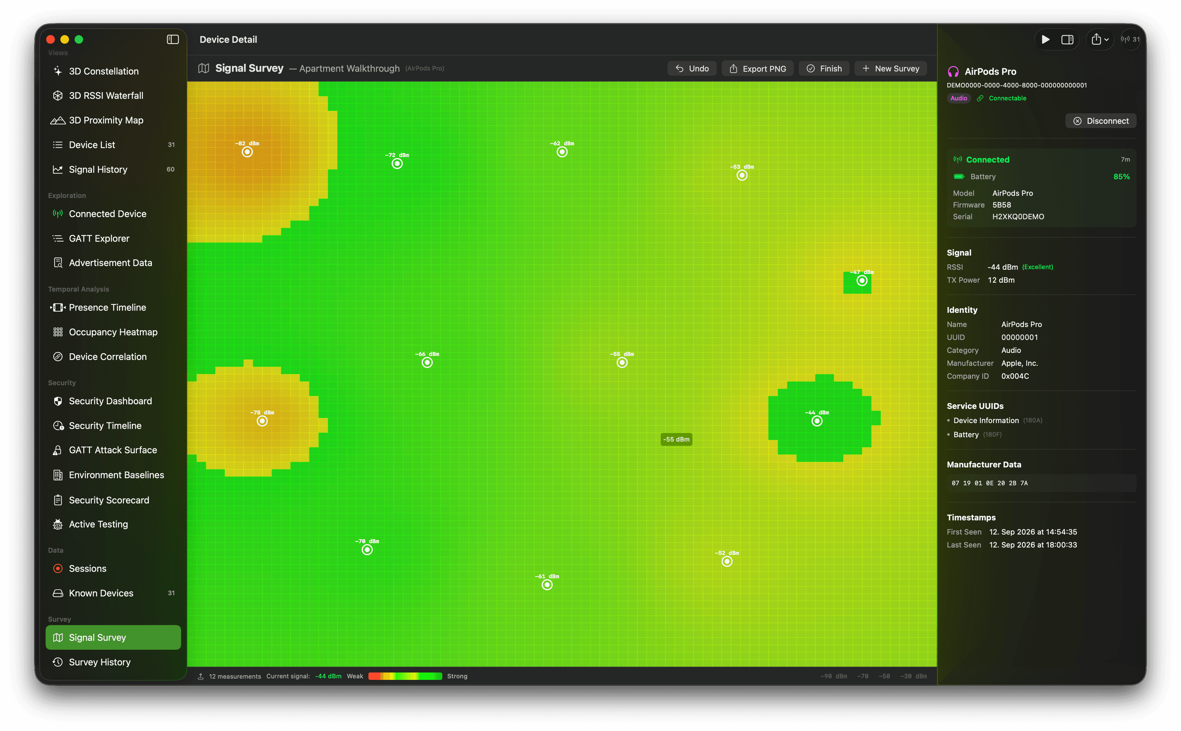 Floor-plan Bluetooth survey heatmap shaded from green to orange with measurement markers.