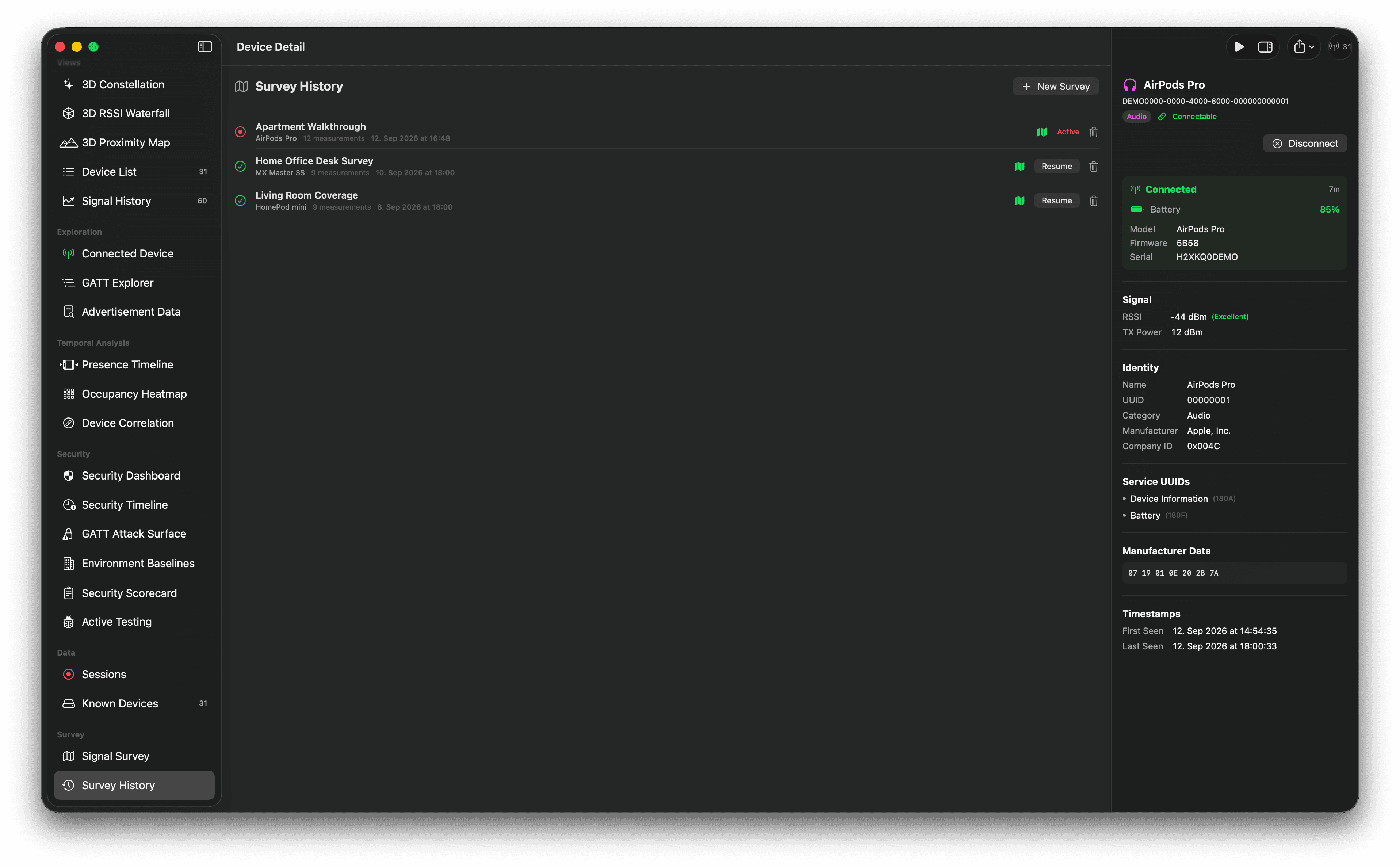 Bluetooth signal-survey list with survey names, metadata, statuses, and management controls.